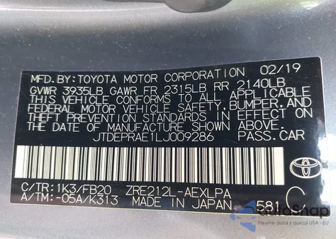2020 Toyota Corolla Le from USA, damaged, VIN JTDEPRAE1LJ009286